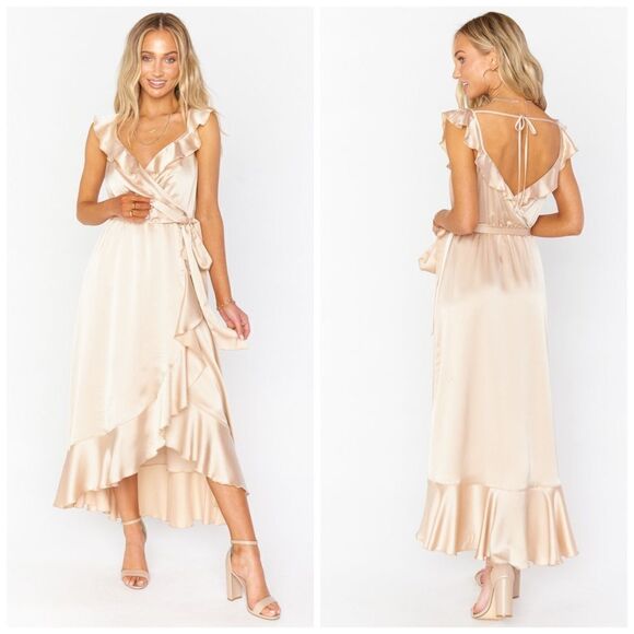 Show Me Your Mumu Samantha Ruffle Wrap Satin Midi Dress Champagne‎ Small - Picture 1 of 11